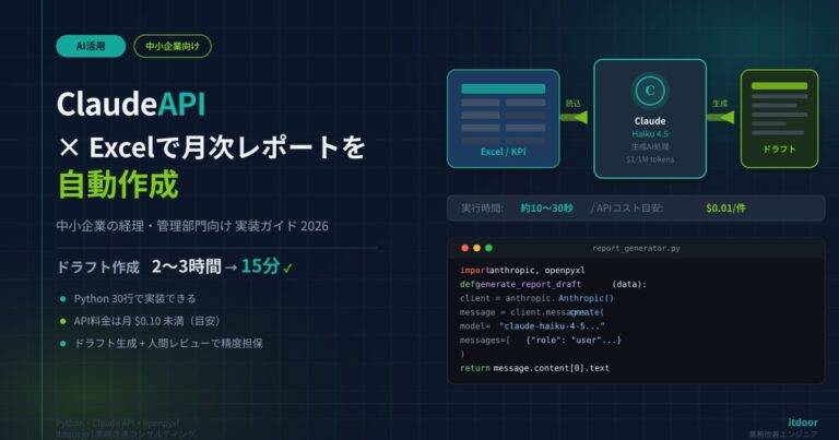 Claude API × Excelで月次レポートを自動作成——中小企業の経理・管理部門が試すべき実装ガイド2026