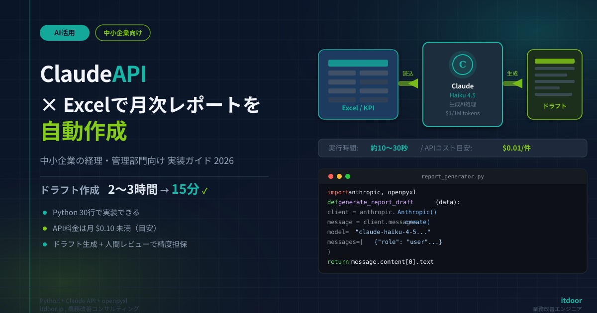Claude API × Excelで月次レポートを自動作成——中小企業の経理・管理部門が試すべき実装ガイド2026